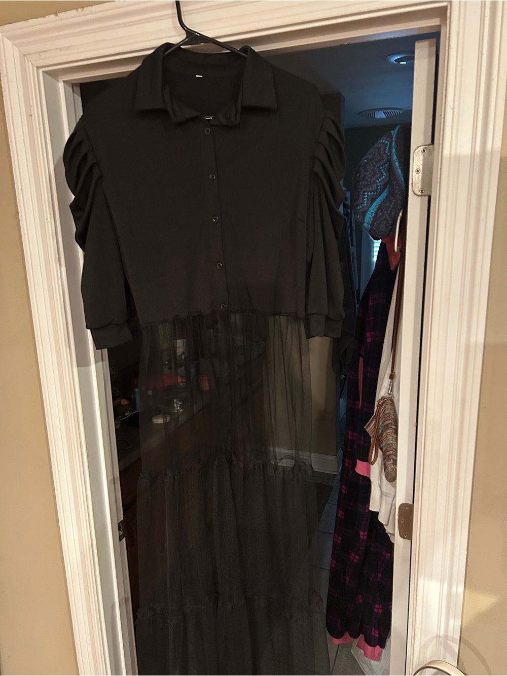 Black Sheer Panel Button-Up Maxi Dress